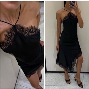 Zara Black Asymmetrical Lace-Trim Halter Dress